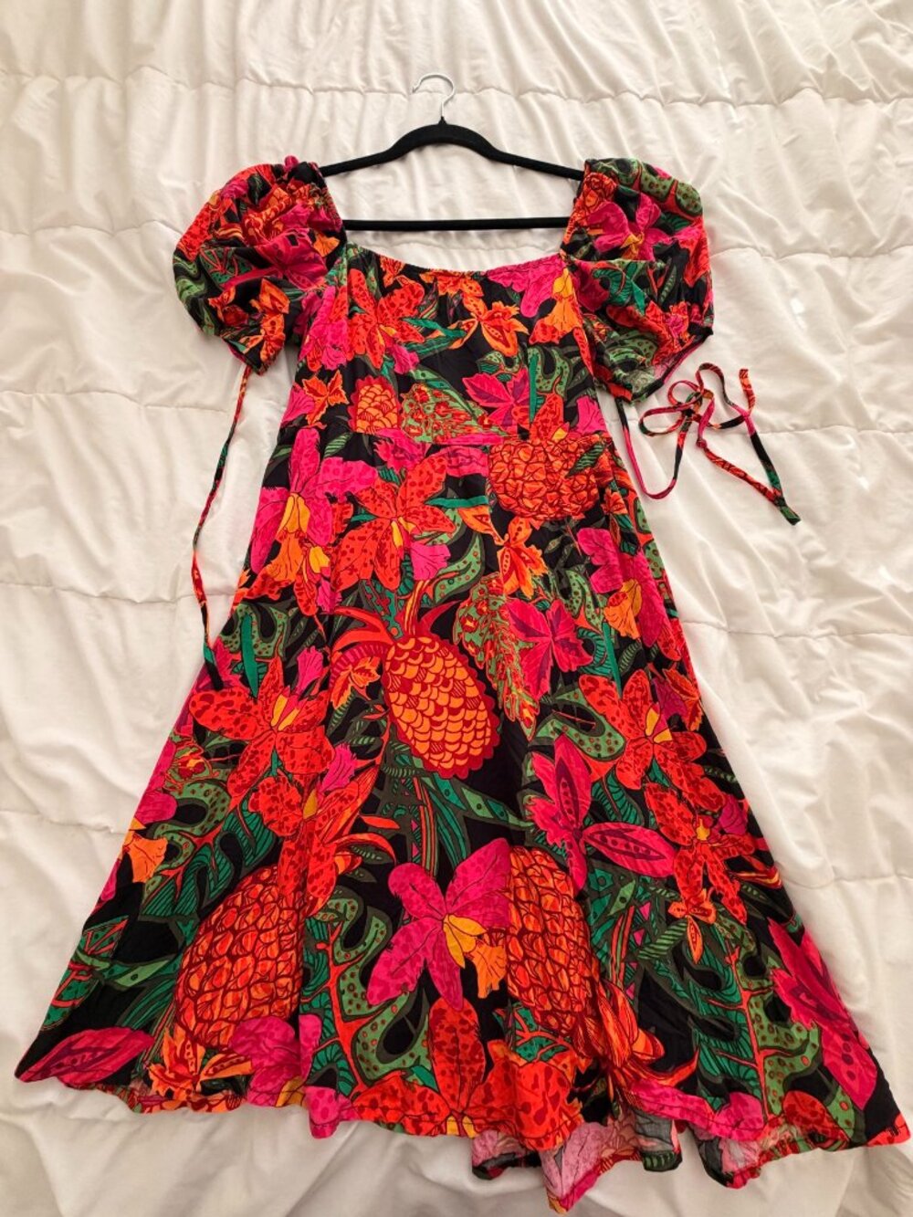 SHEIN Tropical Floral Pineapple Mini Dress Puff Sleeve Size S